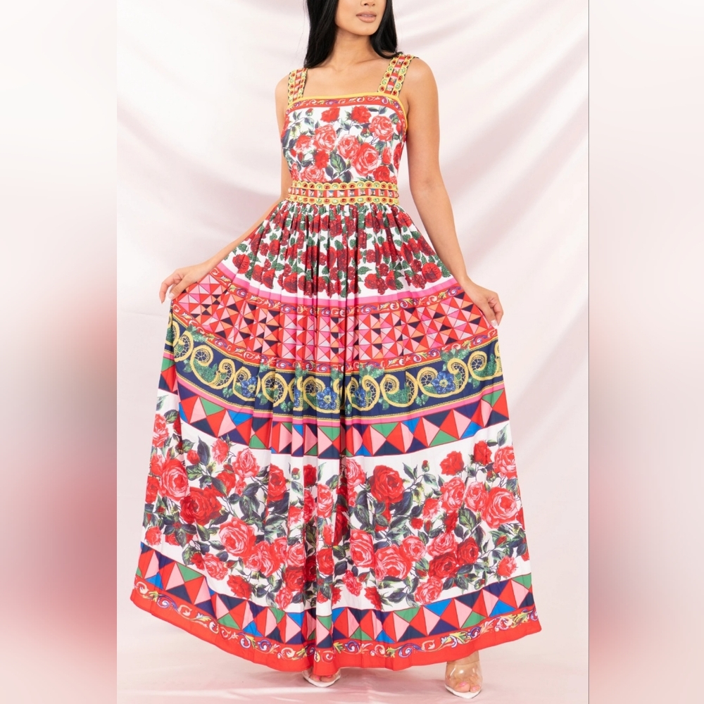 Garden party maxi dress in abstract floral print. 90s vintage.